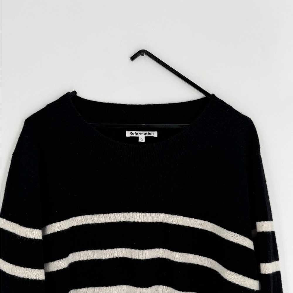 Reformation Dana Cashmere Crew Neck Sweater In Black And Ivory Stripe